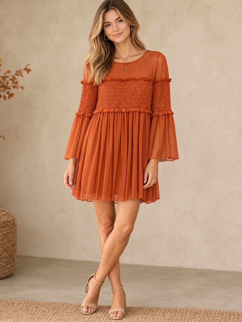 entro Rust Smocked Bell-Sleeve Mini Dress